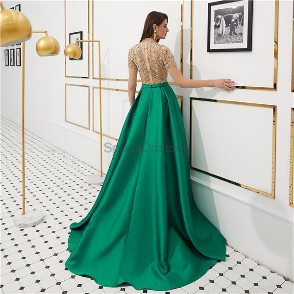 See Through Short Sleeves High Neck Beaded Evening Prom Dresses, Evening Party Prom Dresses, 12080