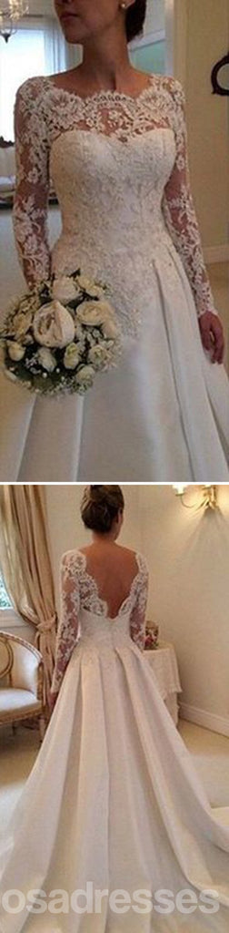 Muito tempo alinhe comprimento cheio pescoço redondo vestidos de festa de casamento de cetim de topo de cadarço de manga longos, WD0043