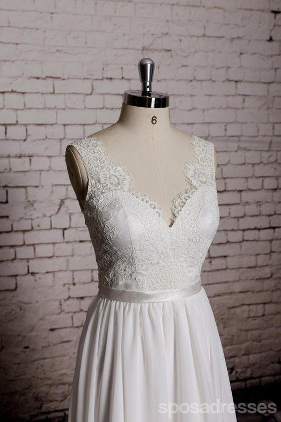 Simple Lace V Neck Φθηνά Παραδοσιακά Νυφικά Παραλίας, WD384