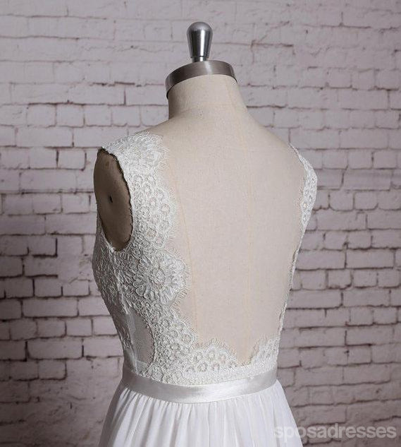 Simple Lace V Neck Φθηνά Παραδοσιακά Νυφικά Παραλίας, WD384