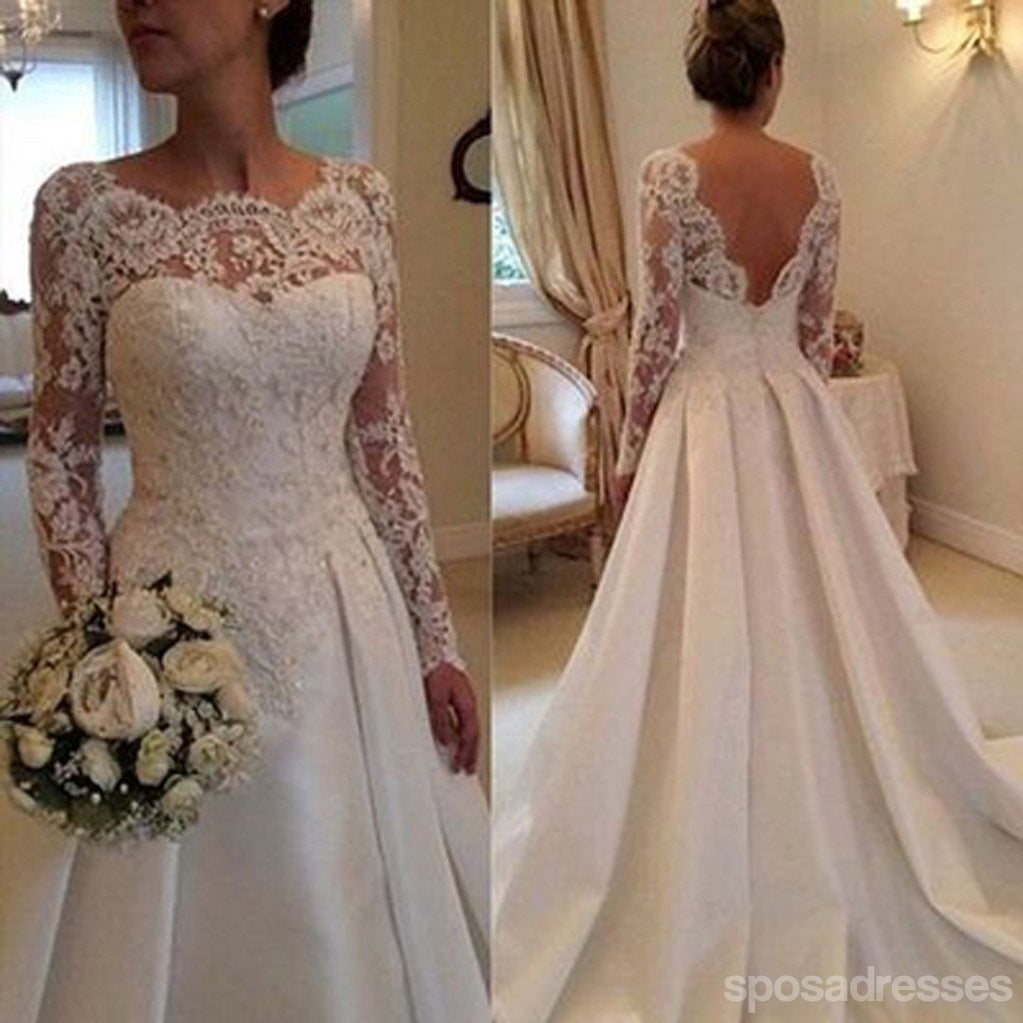 Muito tempo alinhe comprimento cheio pescoço redondo vestidos de festa de casamento de cetim de topo de cadarço de manga longos, WD0043