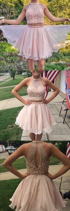 Champagne Two Pieces Beading Short Φτηνά Homecoming Online, CM572