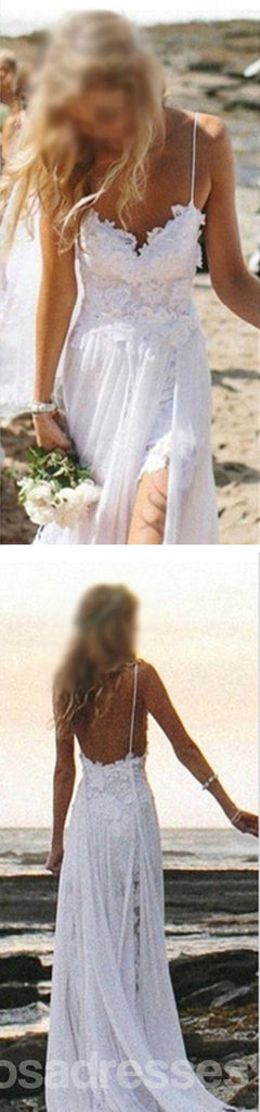 Απλό Σπαγγέτι Λευκό Lace Πλευρά Σχισμή του Γάμου Φορέματα Για το Γάμο στην Παραλία, WD0047