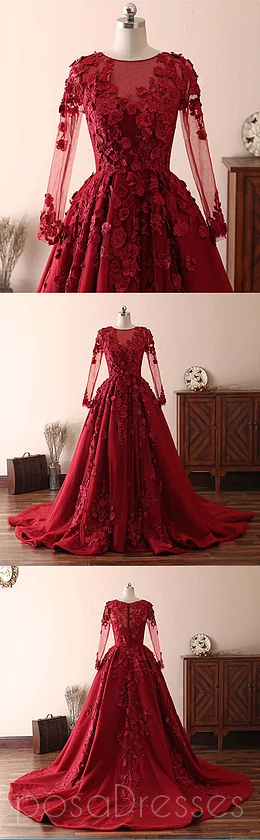 Manches longues Dentelle Rouge foncé Robes de soirée, Cheap Custom Sweet 16 Robes, 18533