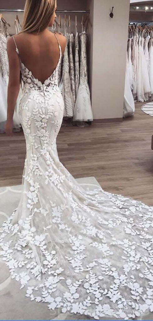Δείτε μέσω λουριών σπαγγέτι Lace γοργόνα φθηνά νυφικά σε απευθείας σύνδεση, φθηνά νυφικά Lace, WD470