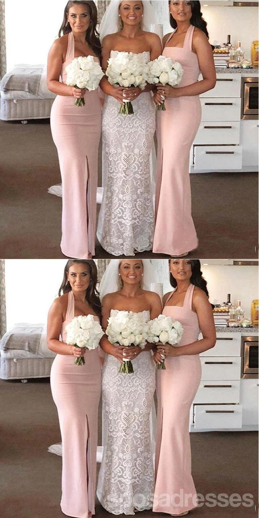 Pink Mermaid Halter Side Slit Cheap Long Bridesmaid Dresses,WG1516