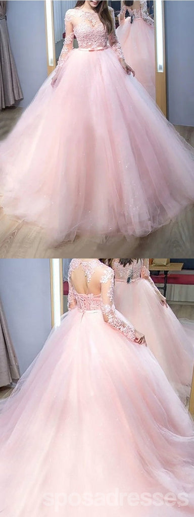Pink A-line Long Sleeves Jewel Cheap Long Prom Dresses,Evening Party Dresses,12829