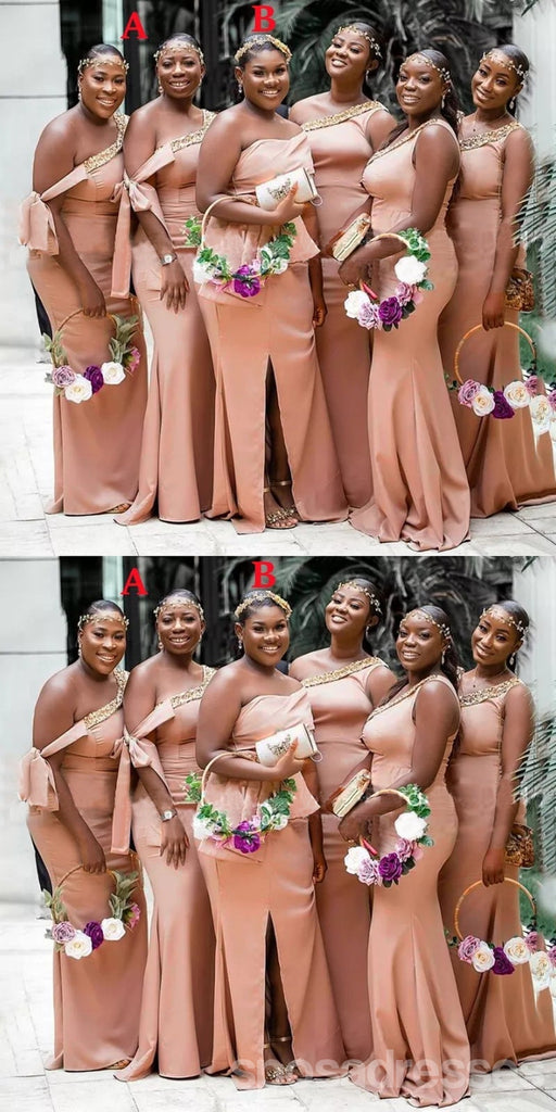 Pink Mermaid One Shoulder Side Slit Cheap Long Bridesmaid Dresses,WG1224