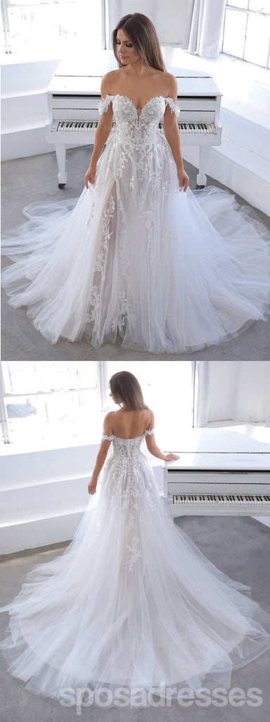 Off White A-line Off Shoulder V-neck Handmade Lace Wedding Dresses,WD788