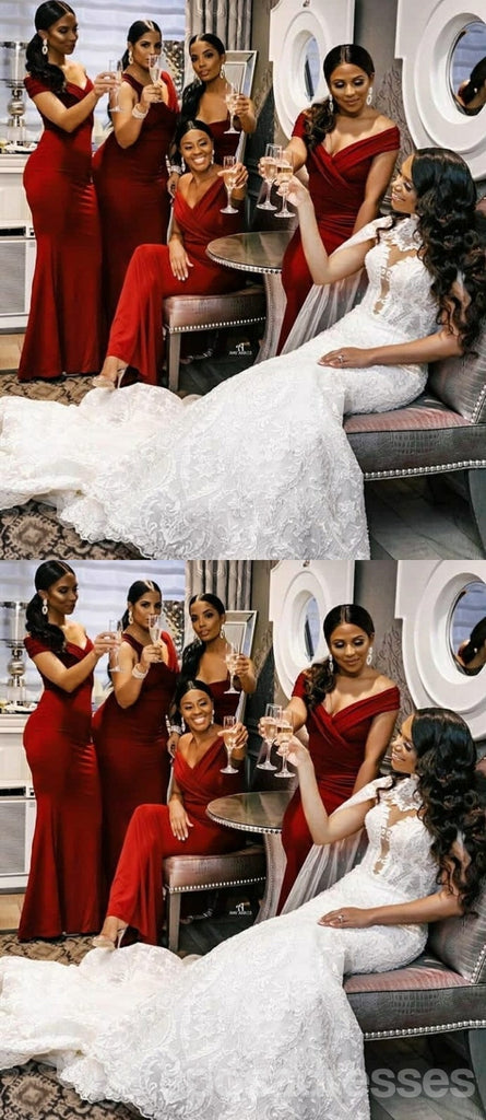 Burgundy Mermaid Off Shoulder Cheap Long Bridesmaid Dresses Online,WG1356