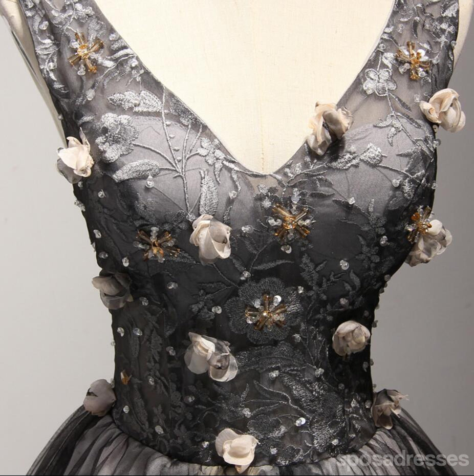 V decote vestidos de baile para os estudantes de regresso para casa de cadarço pretos curtos, pouco vestido posterior, CM205