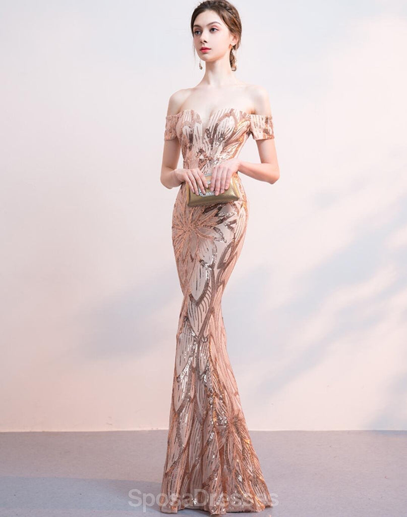 Off Shoulder Rose Gold Sequin Γοργόνα Long Evening Prom Dresses, Evening Party Prom Dresses, 12324