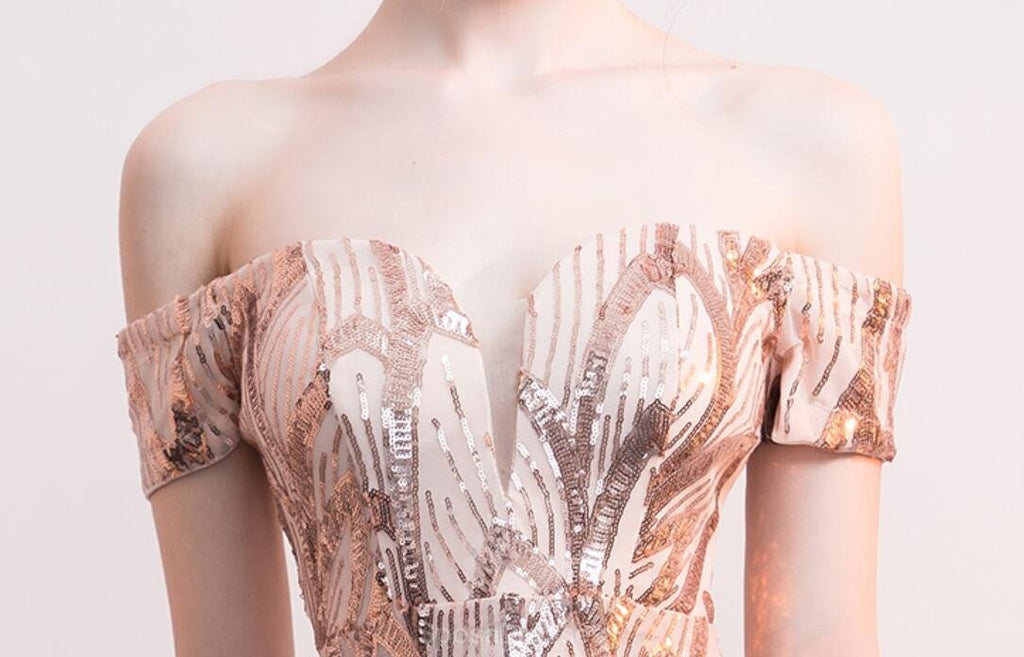 Off Shoulder Rose Gold Sequin Γοργόνα Long Evening Prom Dresses, Evening Party Prom Dresses, 12324
