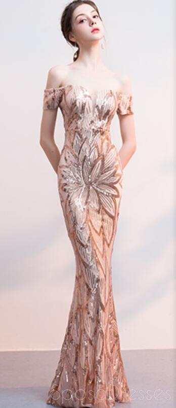 Off Shoulder Rose Gold Sequin Γοργόνα Long Evening Prom Dresses, Evening Party Prom Dresses, 12324