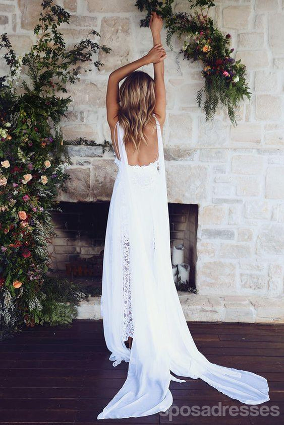 Spahgetti attache V fente de côté de cou les robes de mariée de plage simples, WD327