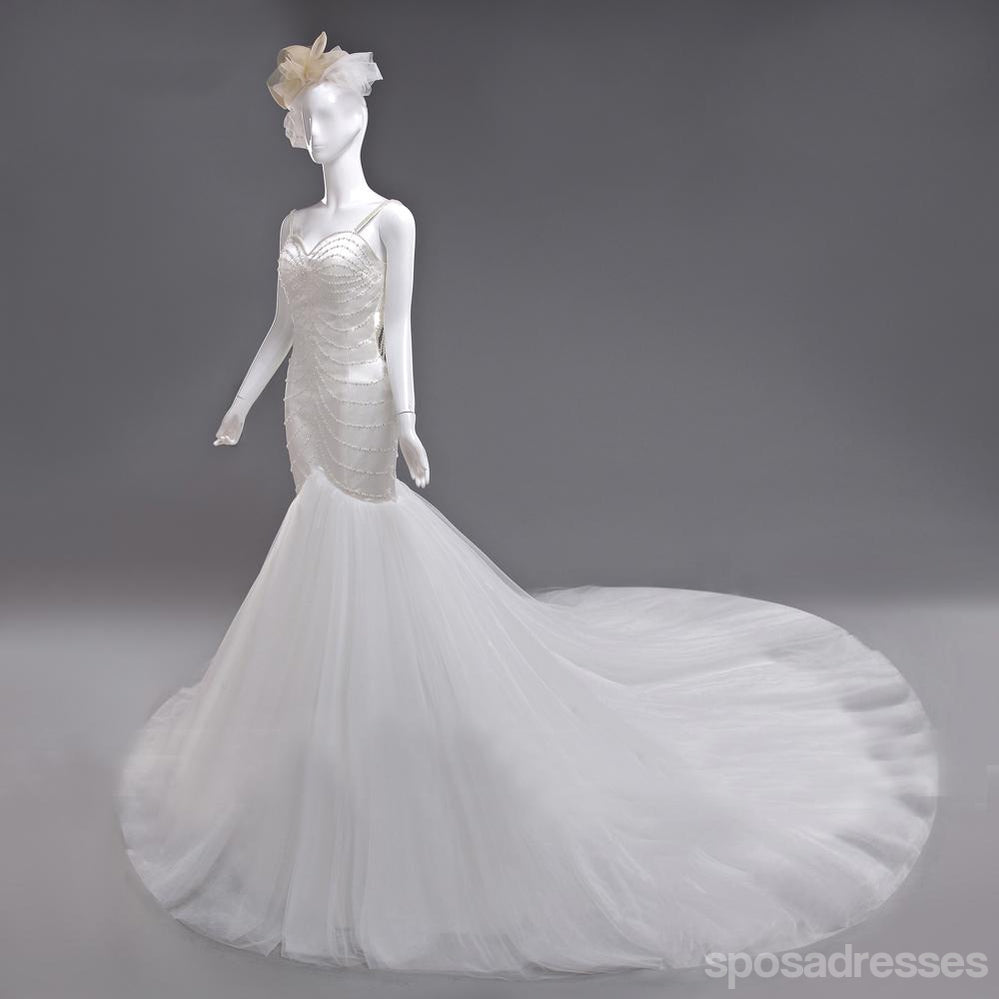Querida Sexy sem encosto Sereia Pérolas Frisado Casamento Vestidos de Noiva Barato, Feito de Casamento Vestidos de Noiva, WD277