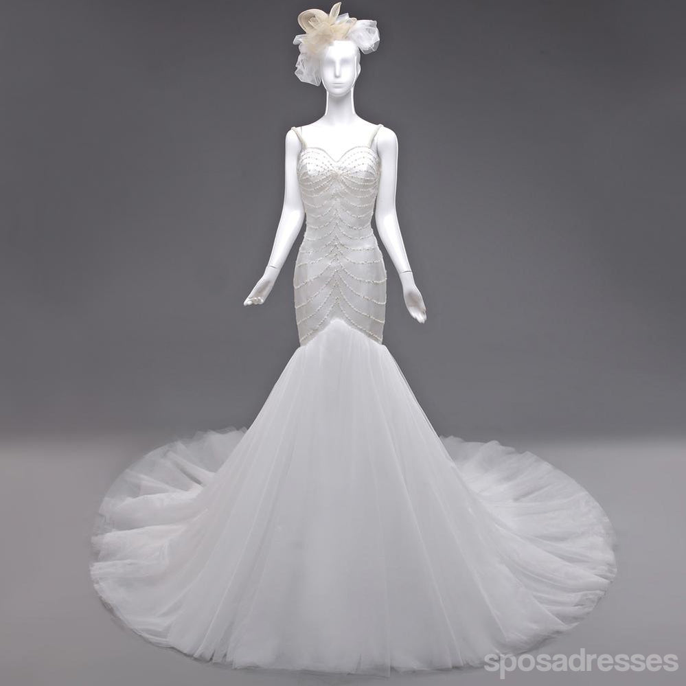 Querida Sexy sem encosto Sereia Pérolas Frisado Casamento Vestidos de Noiva Barato, Feito de Casamento Vestidos de Noiva, WD277