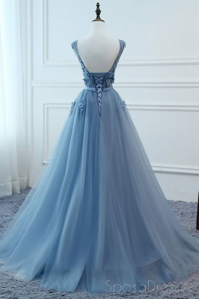 V Neck Dusty Blue Lace Beaded Long Evening Prom Dresses, Φτηνές Custom Φορέματα Prom Party, 18585