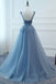 V Neck Dusty Blue Lace Beaded Long Evening Prom Dresses, Φτηνές Custom Φορέματα Prom Party, 18585