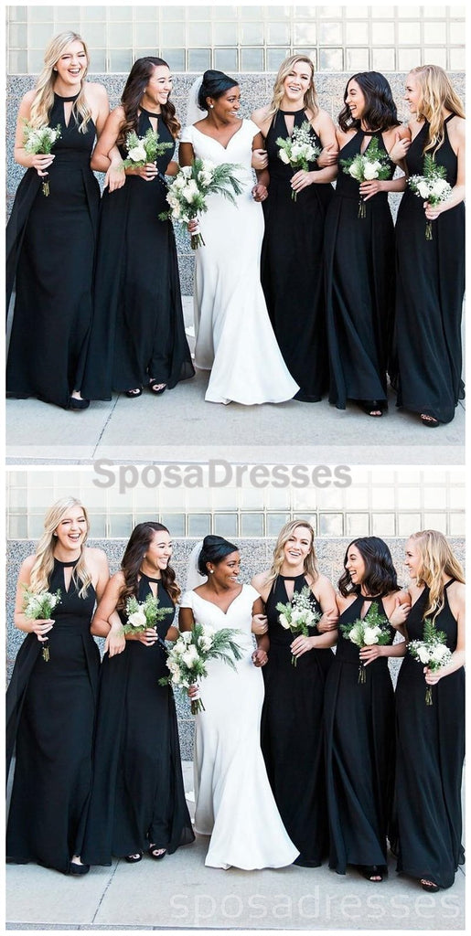 Halter Custom Chiffon Long Black Bridesmaid Dresses, WG225