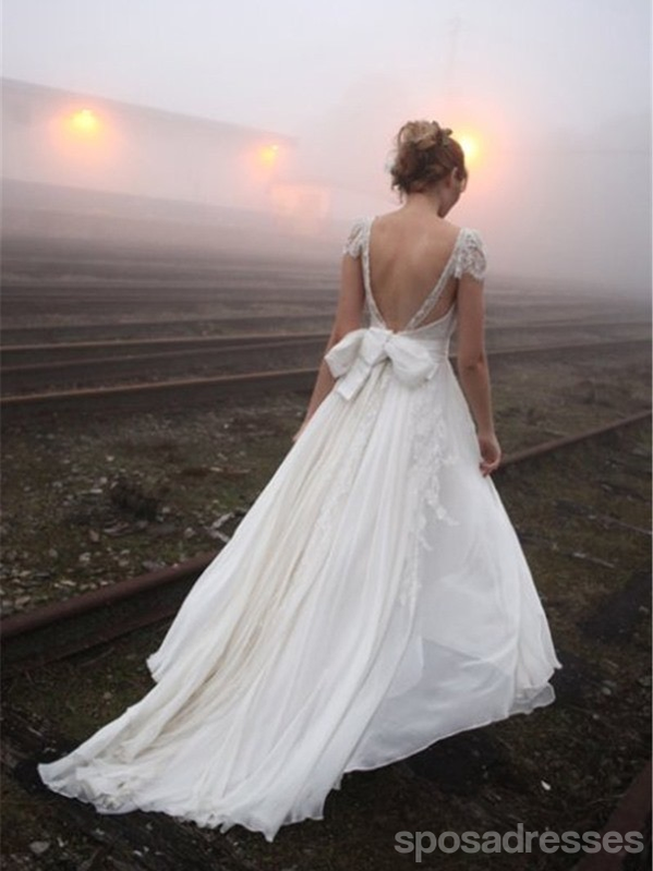 Sexy Backless Cap Sleeve V Neck A-line Chiffon Beach Wedding Dresses Online, WD351