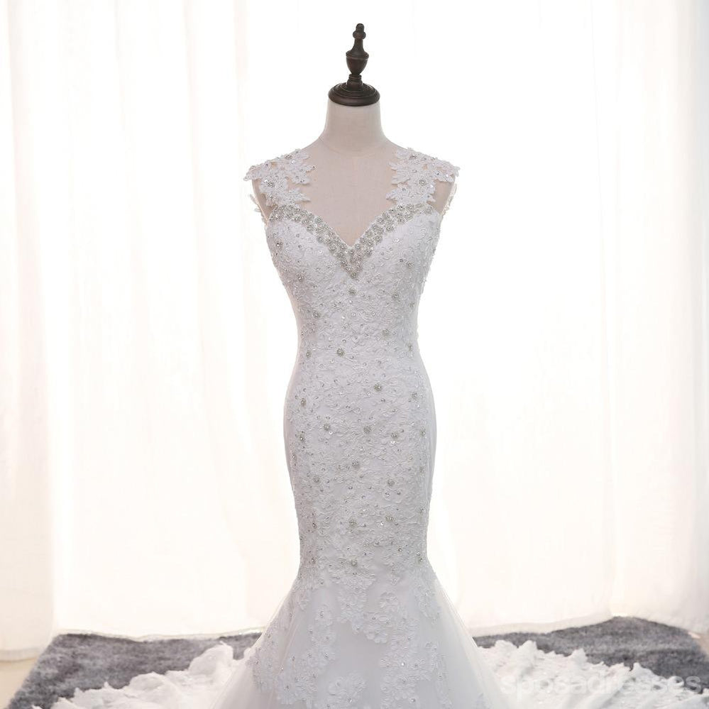 Το Μανίκι καπ Προκλητικά Backless Γοργόνων Δαντελλών Γαμήλια Νυφικά Φορέματα, Φθηνά νυφικά, WD281