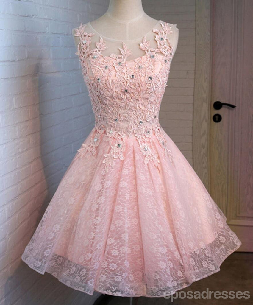 Pink Open Back Lace Beaded Cute Homecoming Prom Dresses, Affordable Short Party Prom Dresses, Perfect Homecoming Dresses, CM320