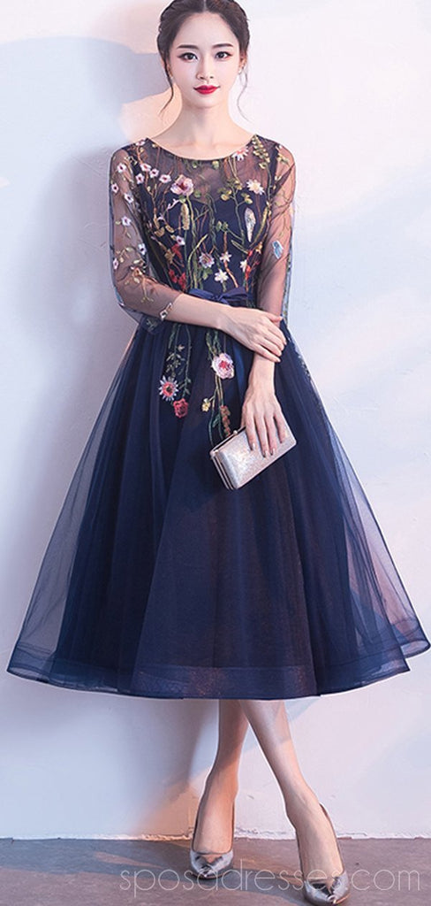 Long Sleop Scoop Lace Navy Φτηνά Homecoming Φορέματα Online, Φθηνά Κοντά Φορέματα Prom, CM795
