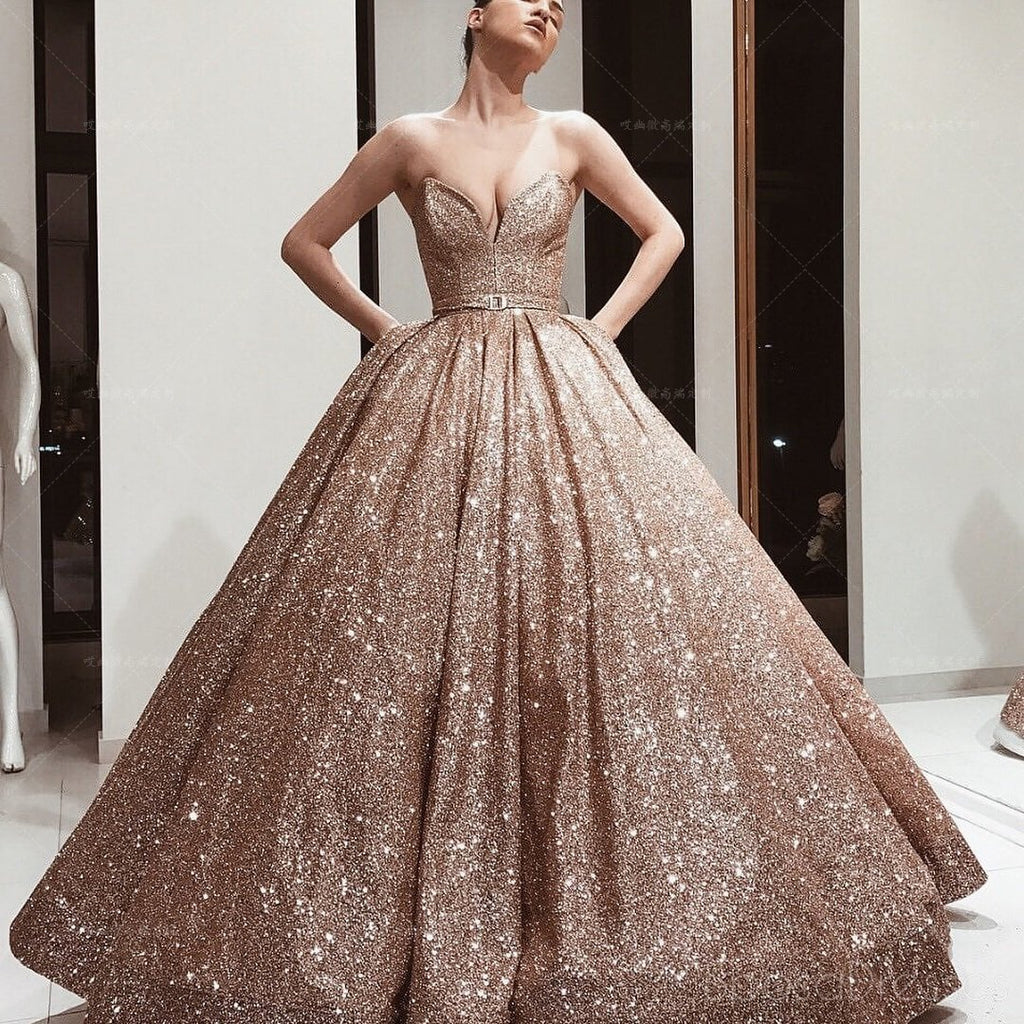 Gold Sequin Ball Gown Sparkly Long Evening Prom Φορέματα, Βραδινά Πάρτι Στρώματα, 18619