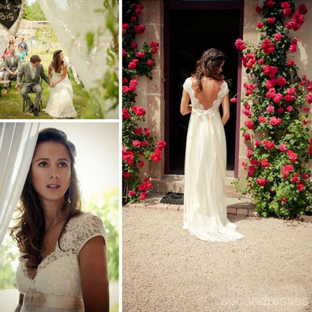 Popular Cheap Long A-line V-back Cap Sleeve Simple Lace Wedding Party Dresses, WD0006