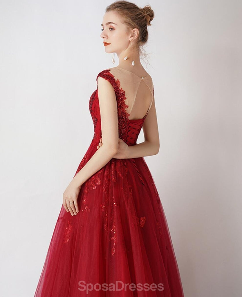 Το Cap Sleeves Red Beaded Sequin A-line Long Evening Prom Φορέματα, Evening Party Prom Φορέματα, 12326