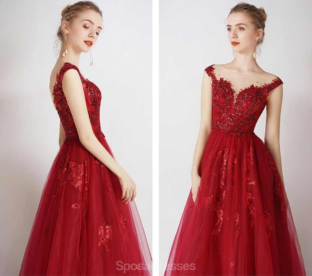 Το Cap Sleeves Red Beaded Sequin A-line Long Evening Prom Φορέματα, Evening Party Prom Φορέματα, 12326