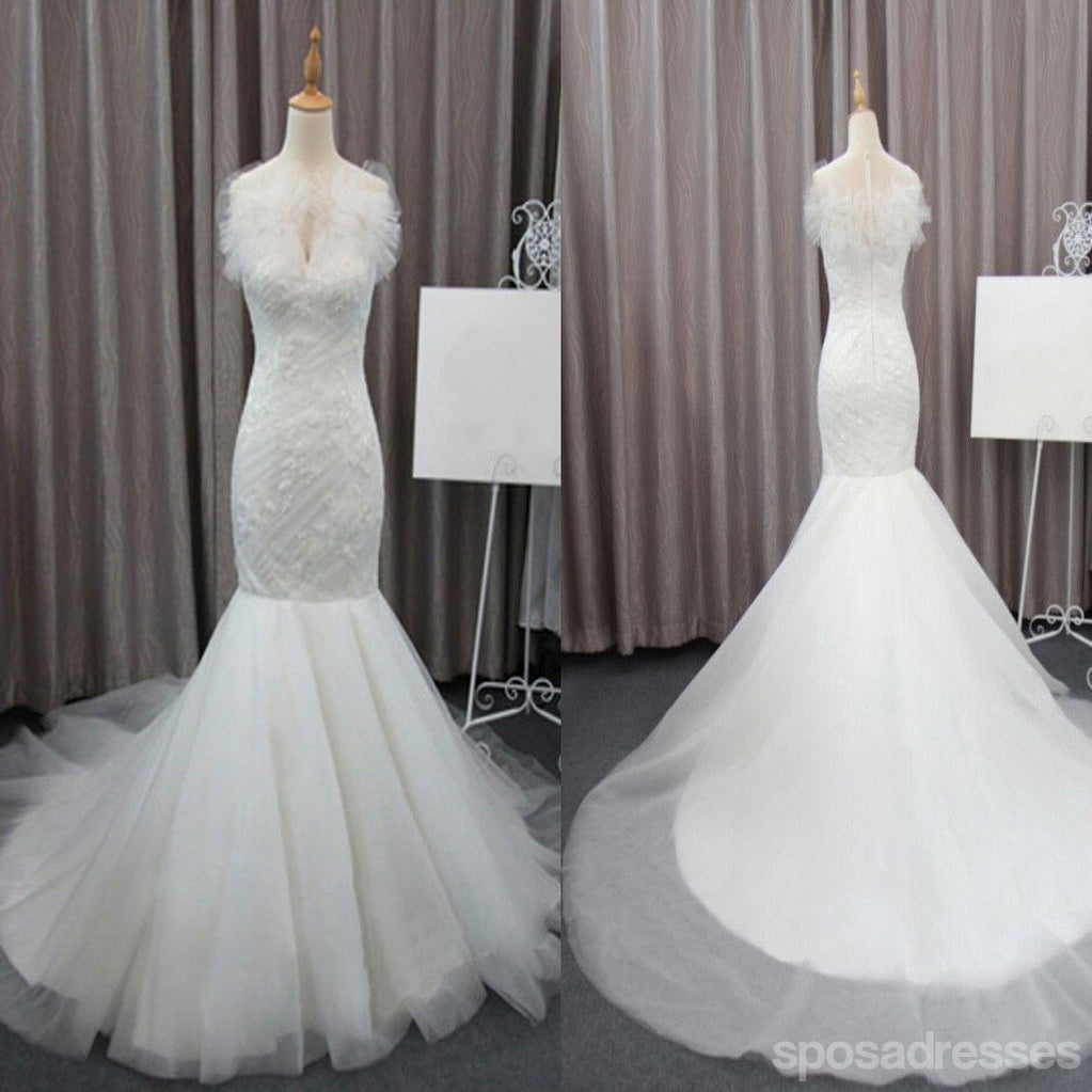 Vestidos de festa de casamento de tule de sereia de cadarço brancos elegantes magníficos, vestido de noiva, WD0072