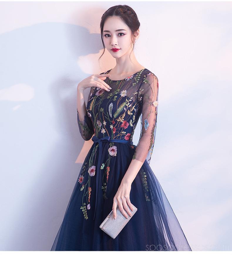 Long Sleop Scoop Lace Navy Φτηνά Homecoming Φορέματα Online, Φθηνά Κοντά Φορέματα Prom, CM795