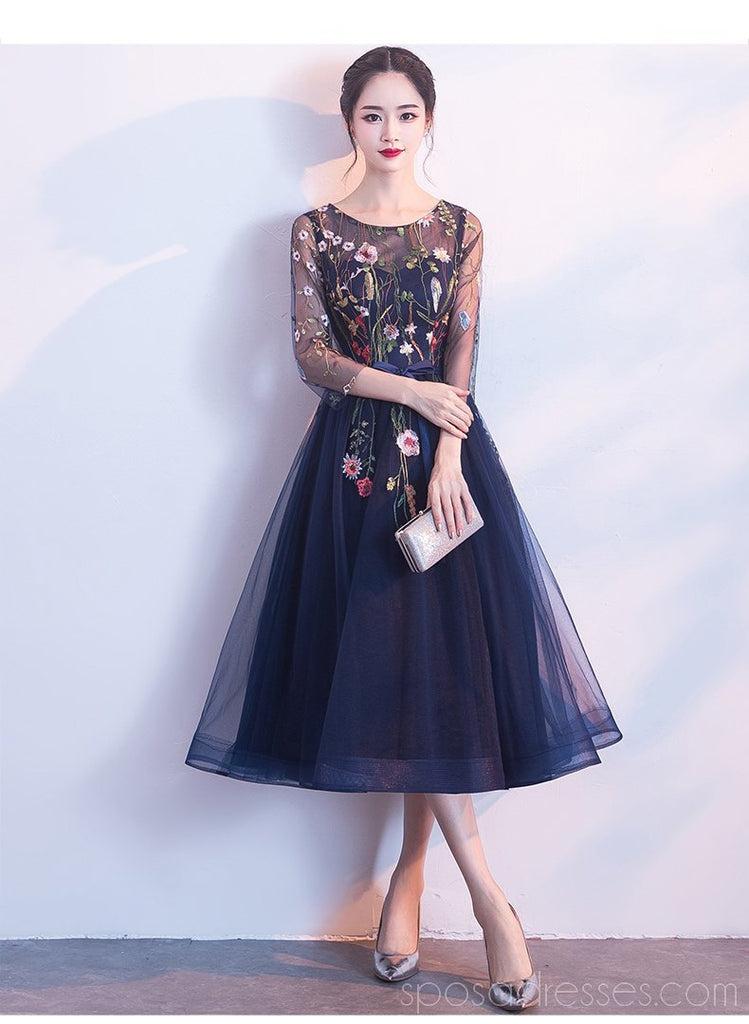 Long Sleop Scoop Lace Navy Φτηνά Homecoming Φορέματα Online, Φθηνά Κοντά Φορέματα Prom, CM795