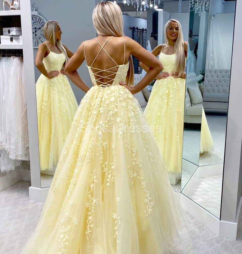 Κίτρινο Lace Applique Φορτωμένο Βραδινά Χορός Χορός, Βραδινά Κόμμα Prom Φορέματα, 12272