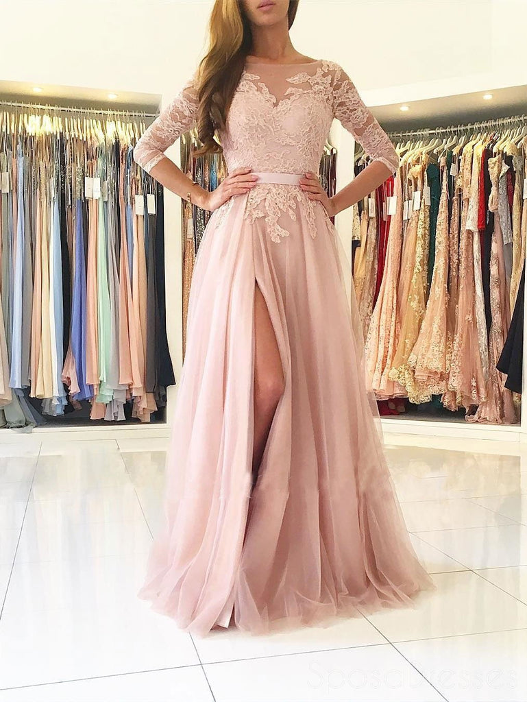 Sexy Split Blush Pink Long Sleeve Lake Evening Prom Dresses, Sexy Party Prom Dresses, 17141