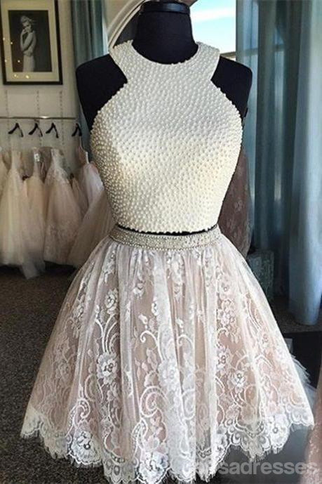 Sexy Two Pieces Halter Lace φούστα Μαργαριτάρια μπούστο Χαριτωμένα φορέματα homecoming prom, CM0010