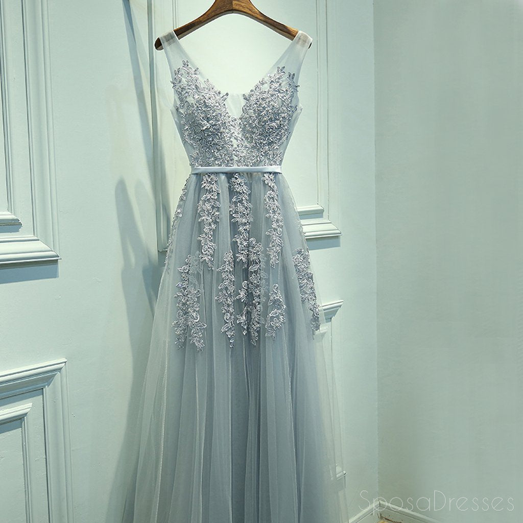 De Manga longa, Decote V Cinza Lace Tule Uma linha de Noite, Vestidos de Baile, Popular Cinza Festa de Formatura com Vestidos Personalizado, Longos Vestidos de Baile Barato Formal Vestidos de Baile, 17191