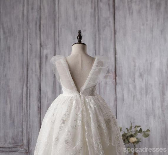 La demoiselle d'honneur de tulle de lacet mignonne ivoire s'habille, la manche de casquette de V-dos petites robes de fille, FG054