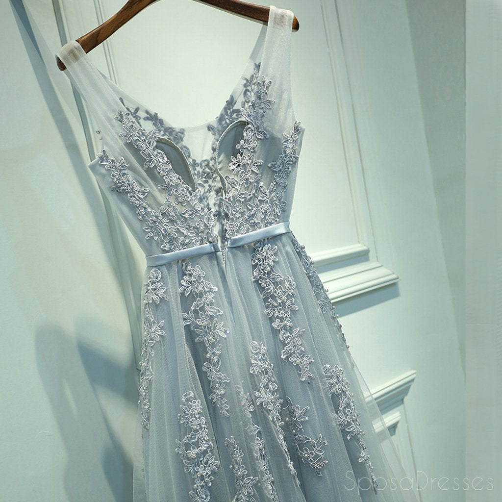 De Manga longa, Decote V Cinza Lace Tule Uma linha de Noite, Vestidos de Baile, Popular Cinza Festa de Formatura com Vestidos Personalizado, Longos Vestidos de Baile Barato Formal Vestidos de Baile, 17191