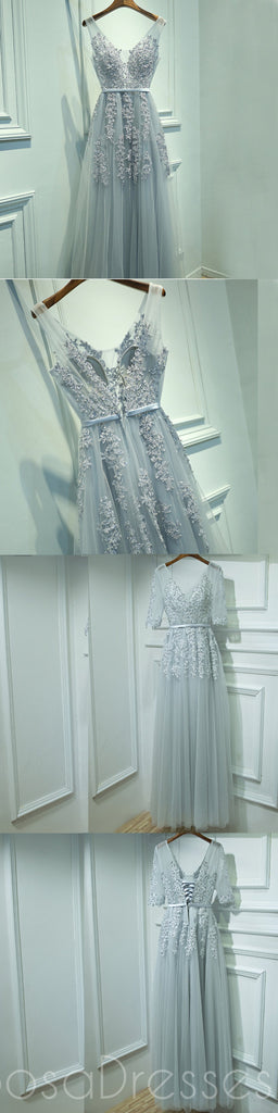 De Manga longa, Decote V Cinza Lace Tule Uma linha de Noite, Vestidos de Baile, Popular Cinza Festa de Formatura com Vestidos Personalizado, Longos Vestidos de Baile Barato Formal Vestidos de Baile, 17191