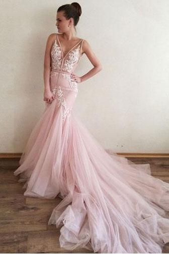 Cadarço rosa sem encosto sexy segura V pescoço vestidos de baile para os estudantes da tarde longos, 17515