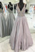 Open Back Grey Beaded V Neck Long Evening Prom Dresses, 17516