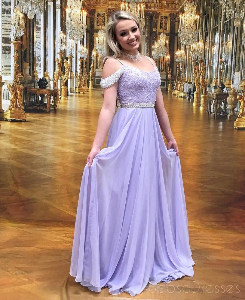 Lilás Off Ombro Chiffon Laço Frisado Longa Noite Vestidos de Baile, 17521