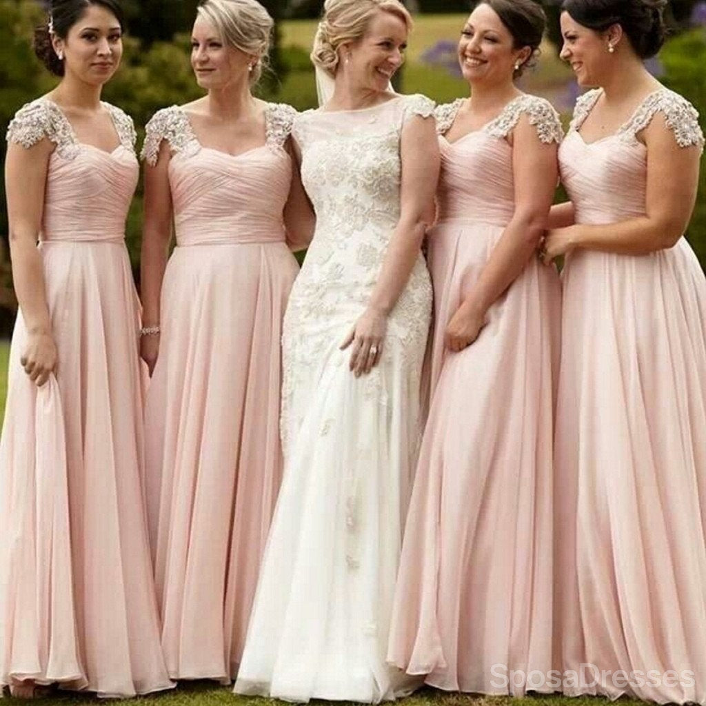 Jolie Junior Cap Sleeve Blush Rose en Mousseline de soie Formelle d'Une Ligne de Plancher-Longueur de pas Cher Robes de Demoiselle d'honneur, WG85