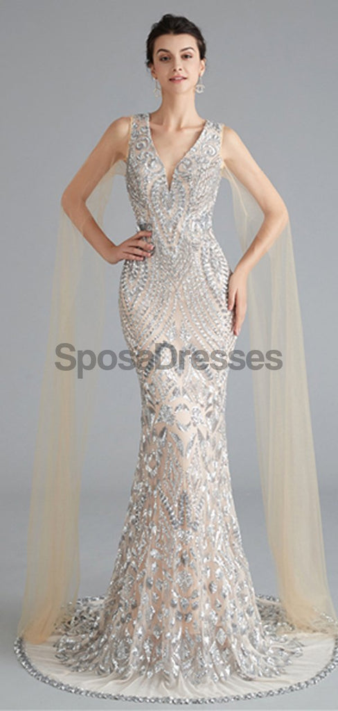 Col en V Unique Manches Sirène à Paillettes Soirée, Robes de Bal, Soirée Robes de Bal, 12118