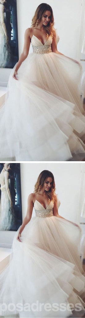Spaghetti Popular Sexy V-neck Long A-line White Organza Wedding Party Dresses White Rhinestone, WD0095