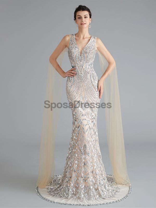 Col en V Unique Manches Sirène à Paillettes Soirée, Robes de Bal, Soirée Robes de Bal, 12118