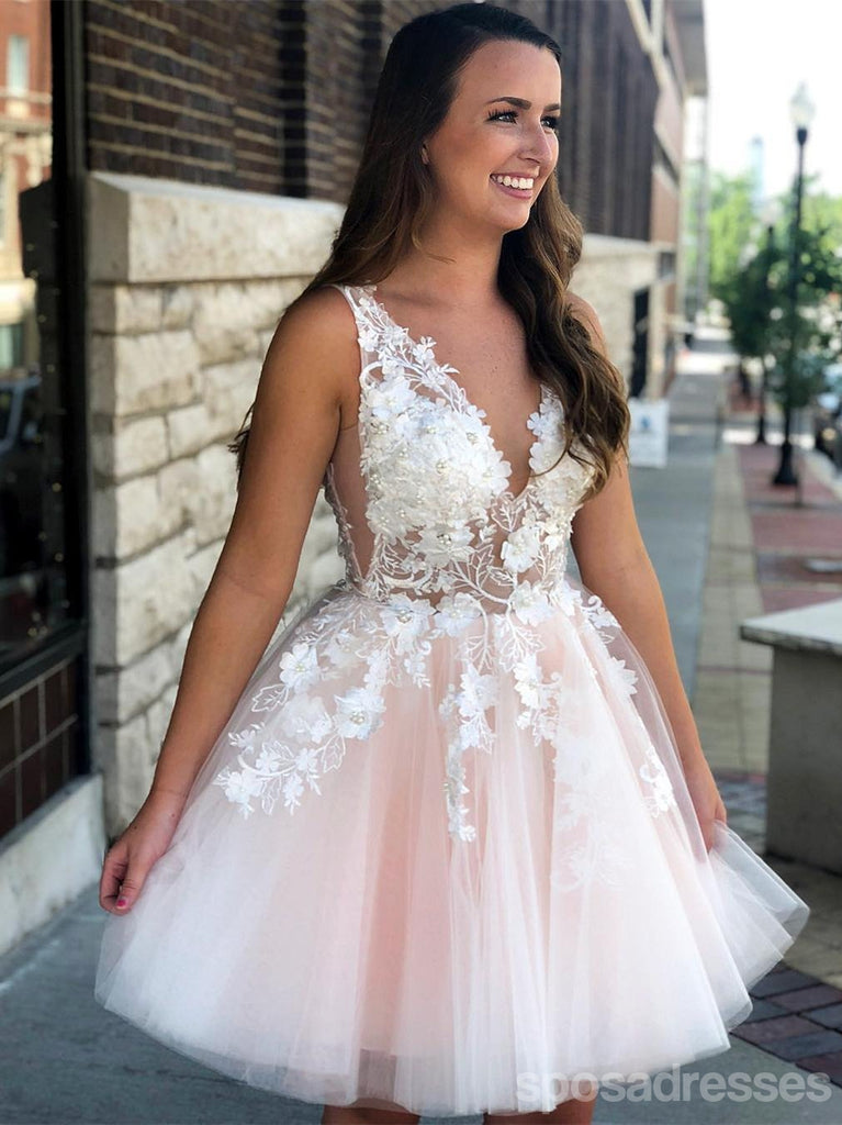 Pale Pink V Ο Λαιμός Λέσε Μέσα Από Κοντά Φορέματα Homecoming Σε Απευθείας Σύνδεση, CM639
